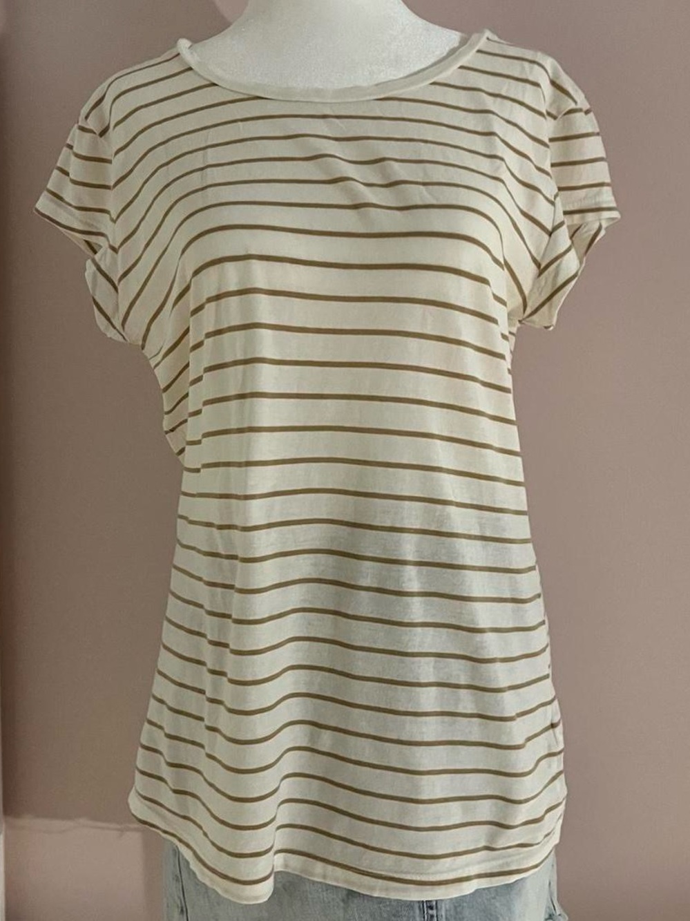 white and light brown striped short sleeve tee